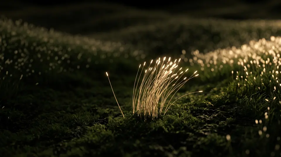 One lit tuft of filaments at close range, with a single filament leaning apart